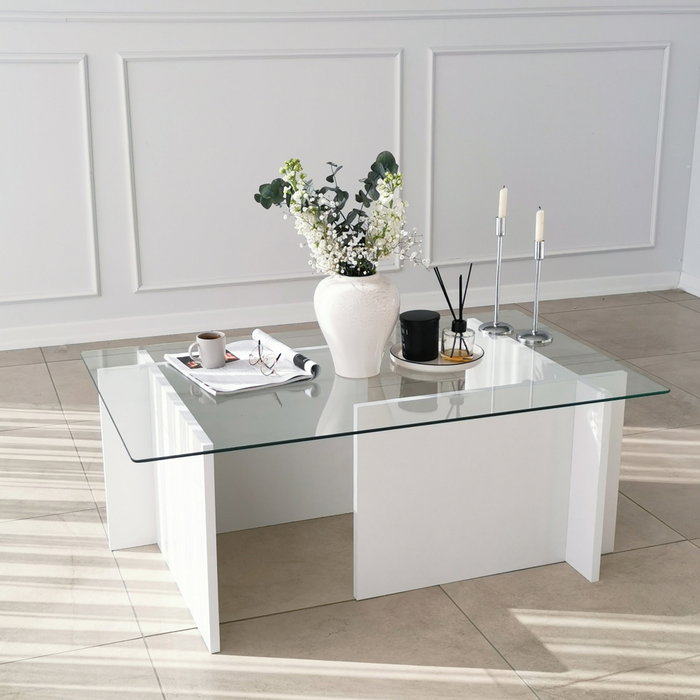 Hanah Home Escape Mesa de Centro Blanca con Cristal Templado Hanah Home Escape Mesa de Centro Blanca con Cristal Templado
